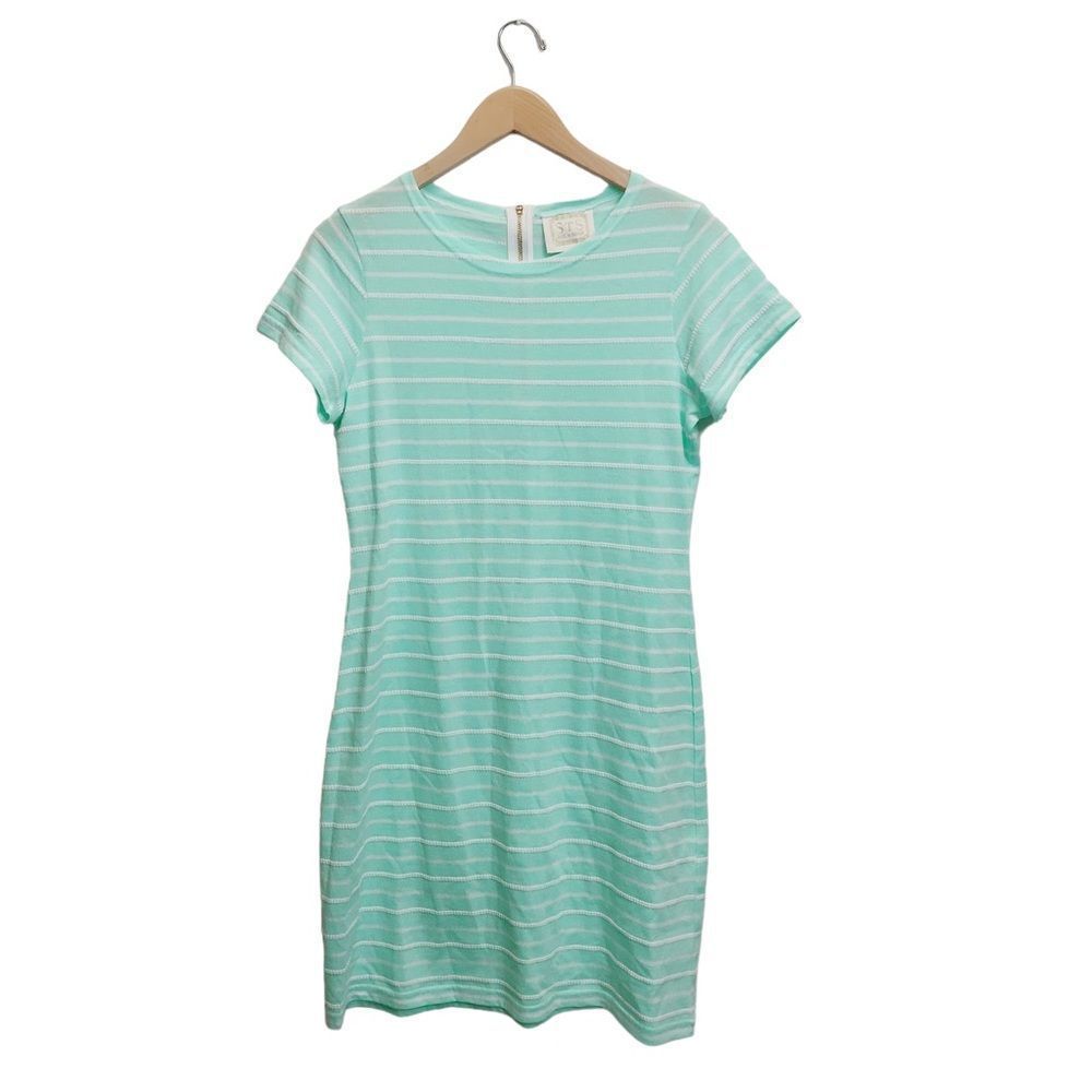 Sail to Sable STS Women Medium Stripe Short Sleeve dress Zip Back Shift Nautical